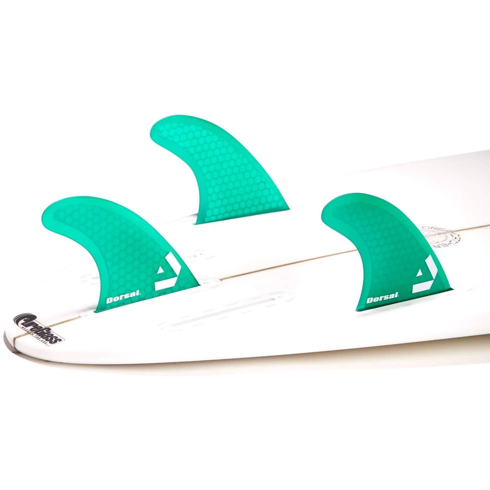 DORSAL Surfboard Fins Hexcore Thruster Set (3) Honeycomb FUT Base Compatible Green
