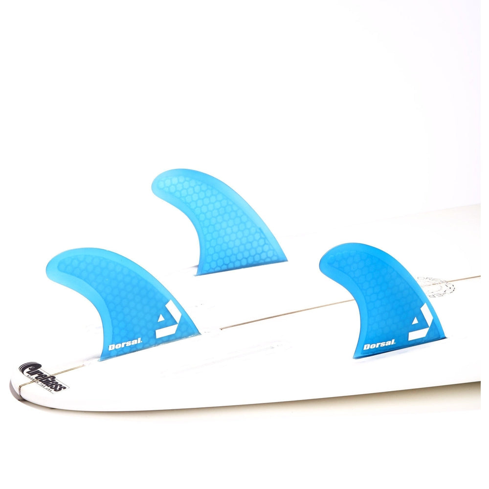 DORSAL Surfboard Fins Hexcore Thruster Set (3) Honeycomb FUT Base Compatible Blue