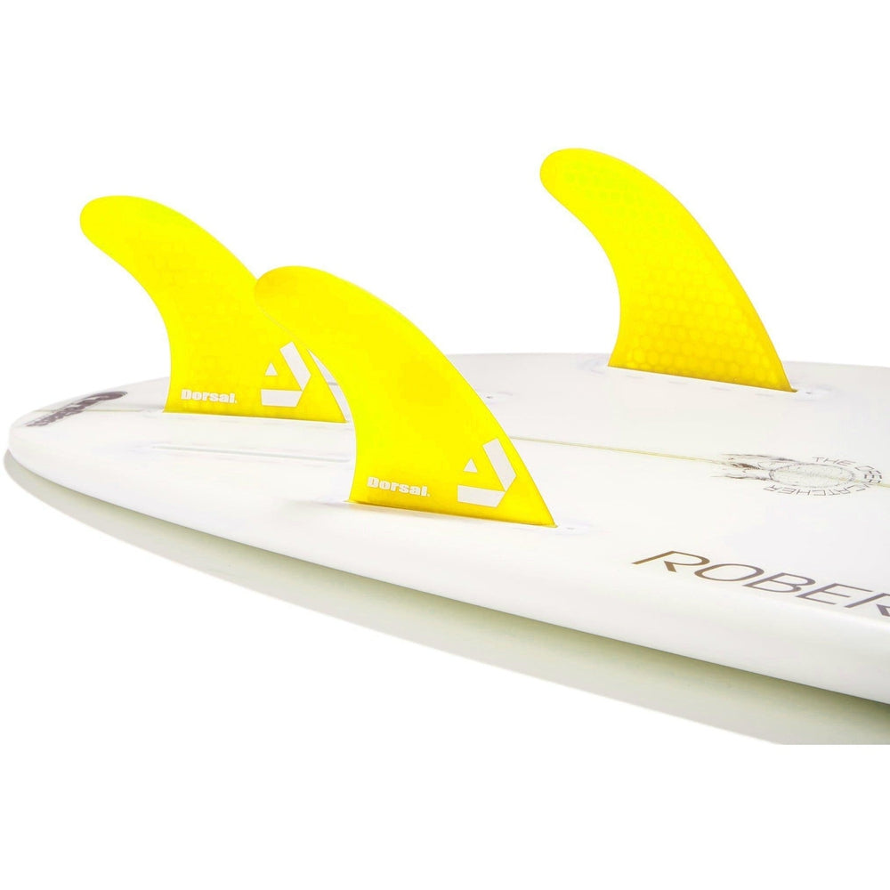 DORSAL Surfboard Fins Hexcore Thruster Set (3) Honeycomb FUT Base Compatible Yellow
