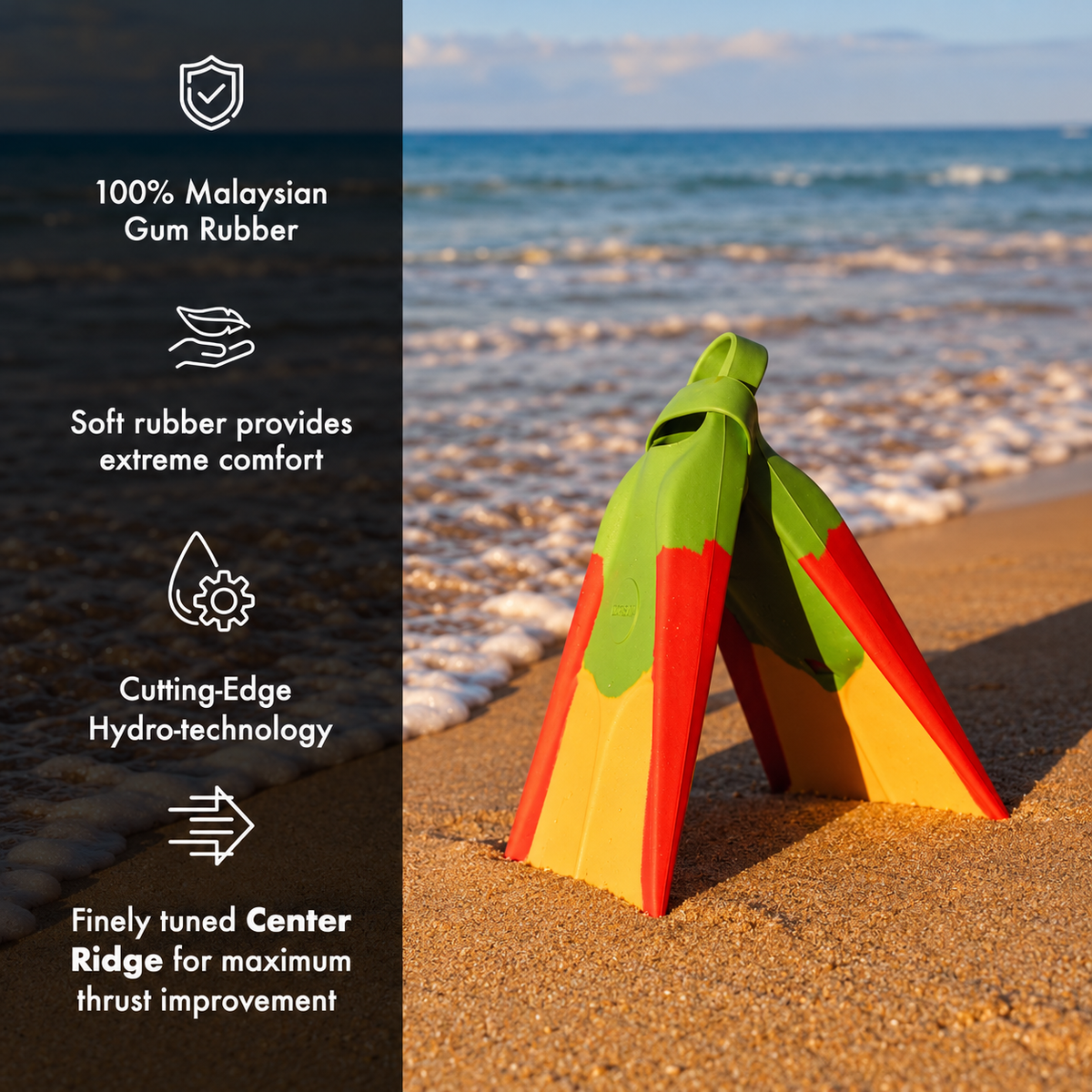 DORSAL® swim fins in green, red, and yellow for bodysurfing and bodyboarding, shown on a sandy beach with ocean background.
