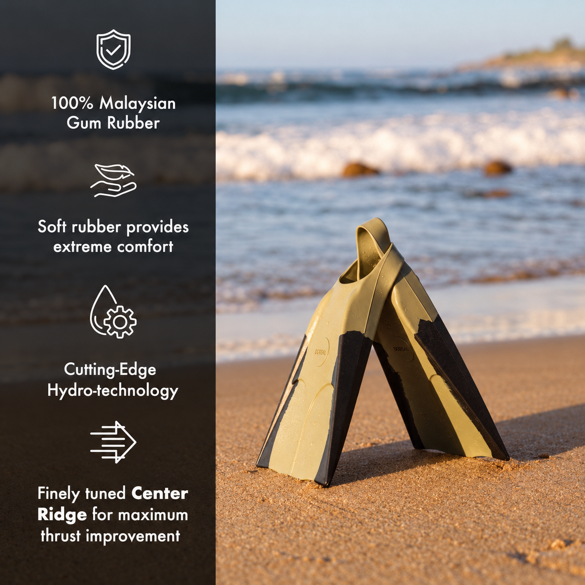 DORSAL black and green swim fins for bodysurfing and bodyboarding, showing the fins' sleek design and adjustable straps.