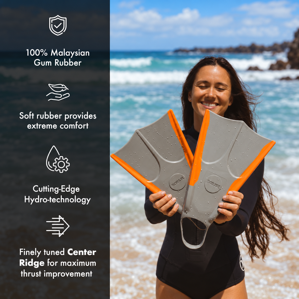 DORSAL grey and orange swim fins for bodysurfing and bodyboarding, showing the fins' design and foot pocket.