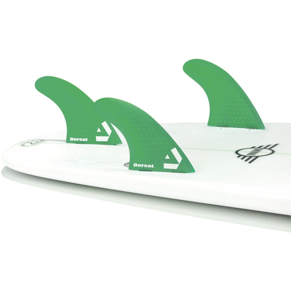 DORSAL Surfboard Fins Hexcore Thruster Set (3) Honeycomb FCS Base Compatible Green