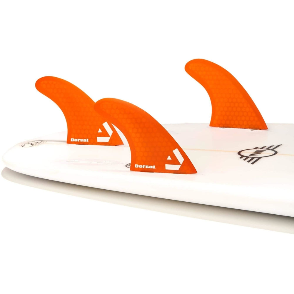 DORSAL Surfboard Fins Hexcore Thruster Set (3) Honeycomb FCS Base Compatible Orange