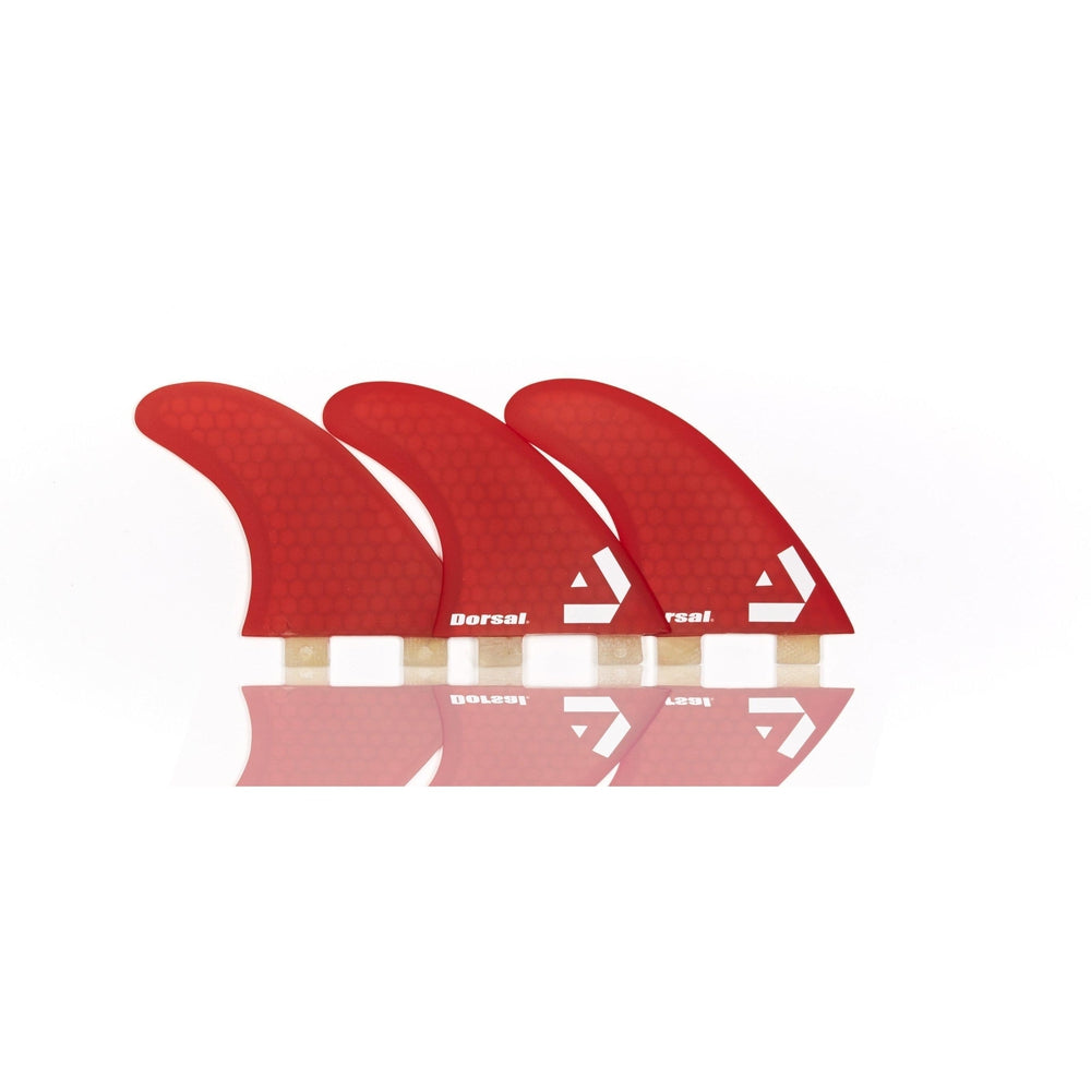 DORSAL Surfboard Fins Hexcore Thruster Set (3) Honeycomb FCS Base Compatible Red