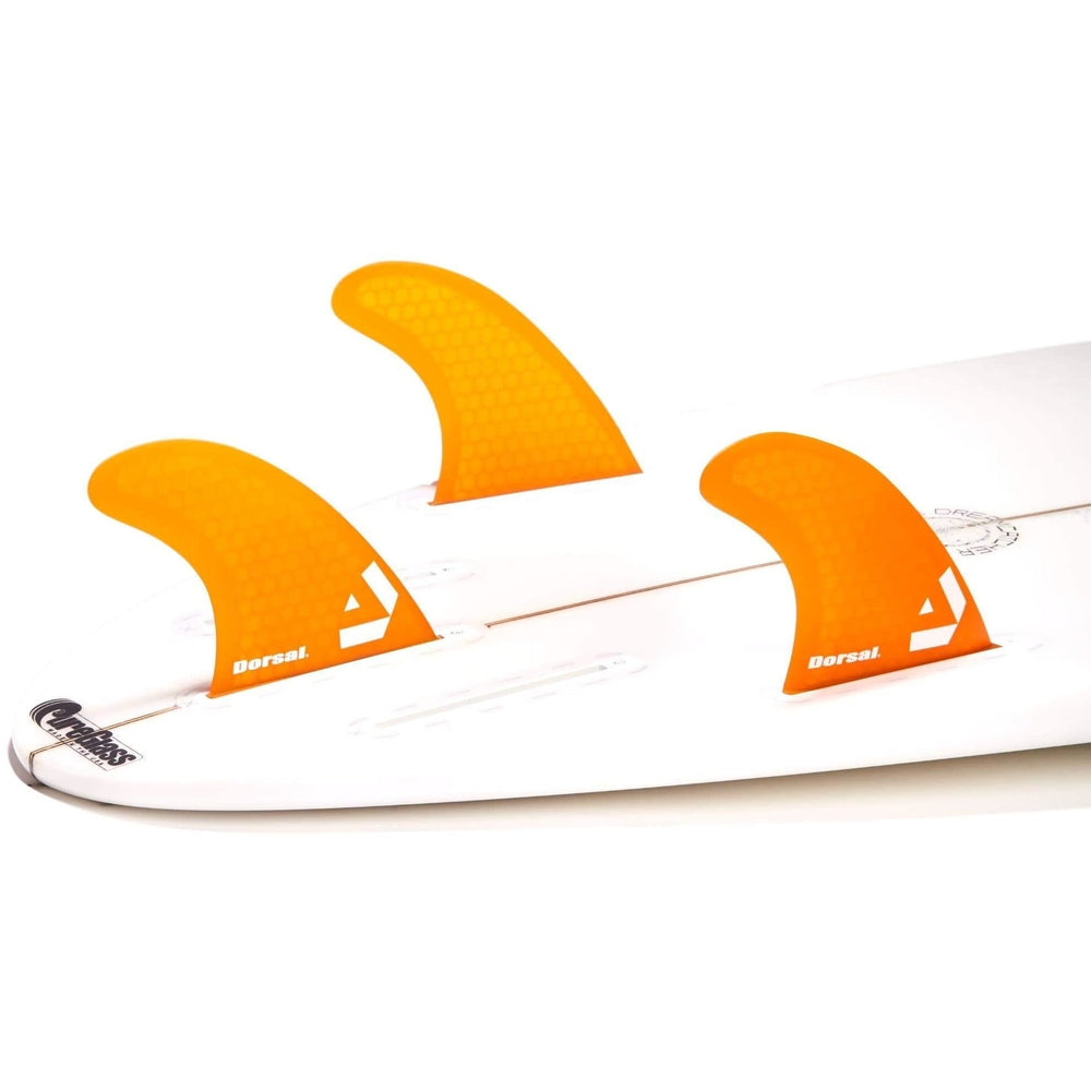 DORSAL Surfboard Fins Hexcore Thruster Set (3) Honeycomb FUT Base Compatible Orange