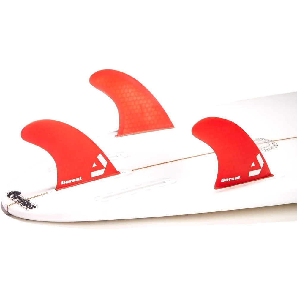 DORSAL Surfboard Fins Hexcore Thruster Set (3) Honeycomb FUT Base Compatible Red