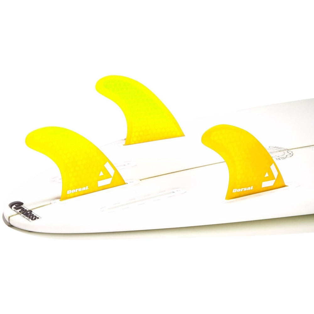 DORSAL Surfboard Fins Hexcore Thruster Set (3) Honeycomb FUT Base Compatible Yellow