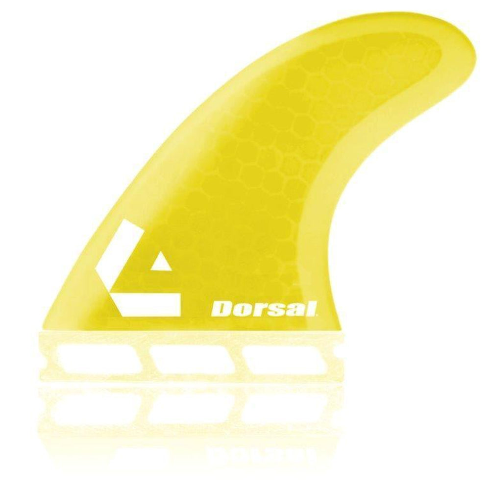 DORSAL Surfboard Fins Hexcore Thruster Set (3) Honeycomb FUT Base Compatible Yellow