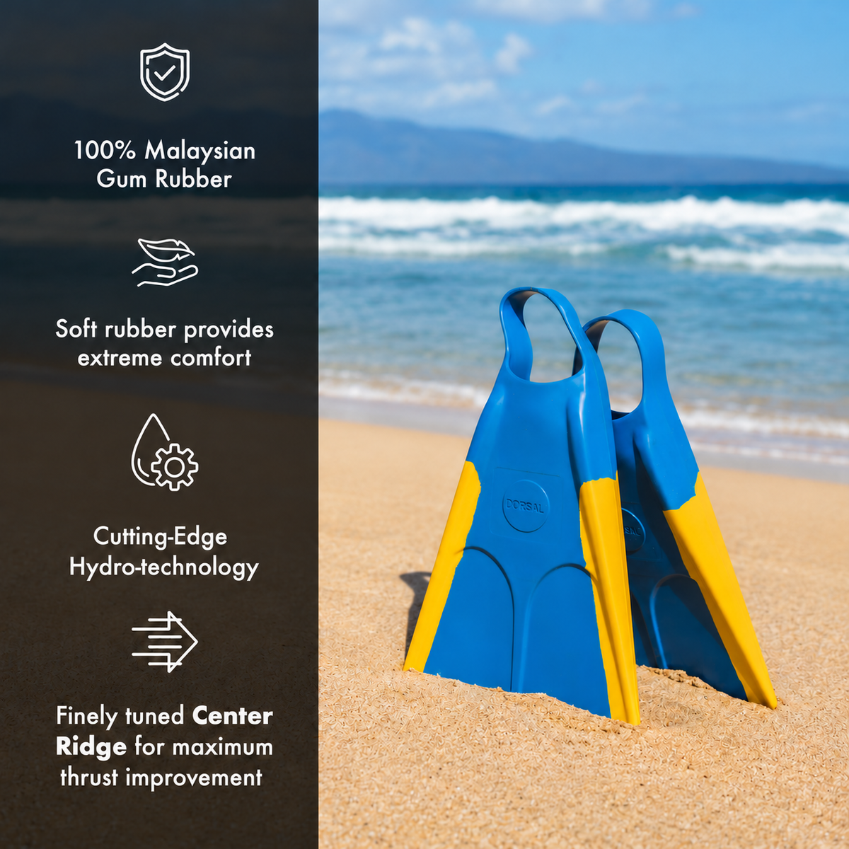 Blue and yellow DORSAL swim fins designed for bodysurfing and bodyboarding, shown in a sleek, fins-style image.