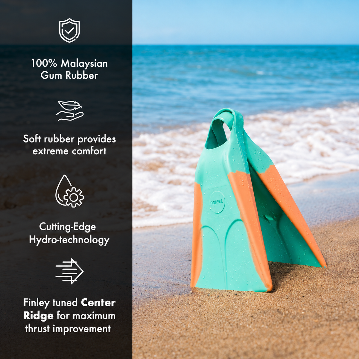 Pink and aqua DORSAL swim fins for bodysurfing, featuring a lightweight design and adjustable straps for water sport performance.