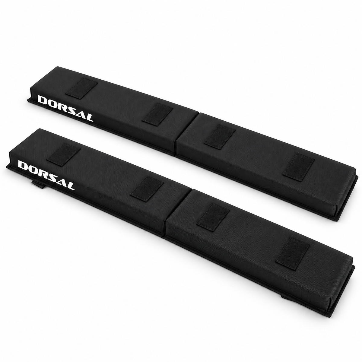 Pair of black DORSAL folding roof rack crossbar pads on white